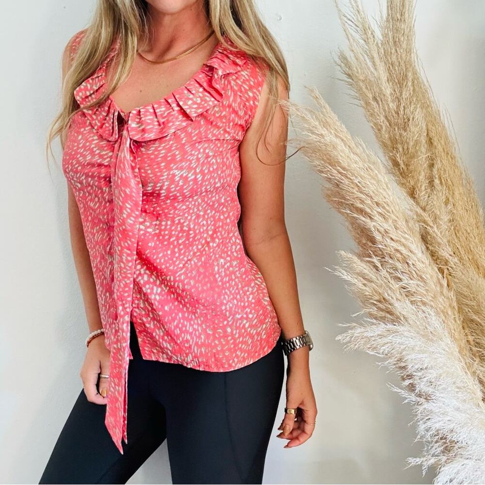 BANANA REPUBLIC Salmon Pink Cream Beige Print Neck Tie Button Tank Top Blouse S - Picture 14 of 14